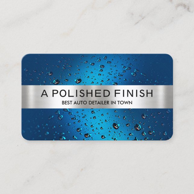 Silver Stripe On Blue Water Drops Detailing Business Card (Front)