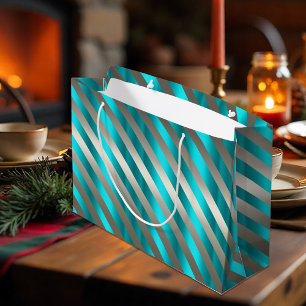Silver Striped Aqua Modern Christmas  Large Gift Bag