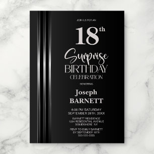 Silver Striped Black Grey 18th Surprise Birthday Invitation