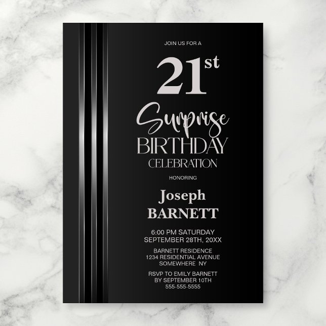 Silver Striped Black Grey 21st Surprise Birthday Invitation (Creator Uploaded)