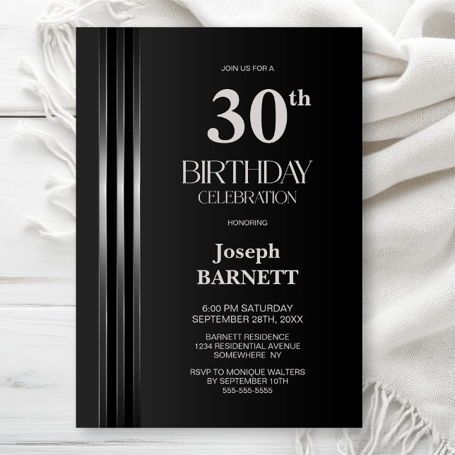 Silver Striped Black Grey 30th Birthday Party Invitation (Creator Uploaded)