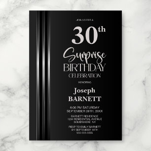 Silver Striped Black Grey 30th Surprise Birthday Invitation