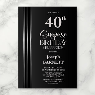 Silver Striped Black Grey 40th Surprise Birthday Invitation
