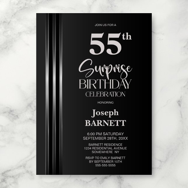 Silver Striped Black Grey 55th Surprise Birthday Invitation (Creator Uploaded)