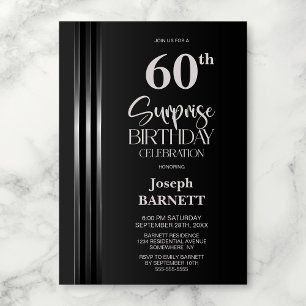 Silver Striped Black Grey 60th Surprise Birthday Invitation