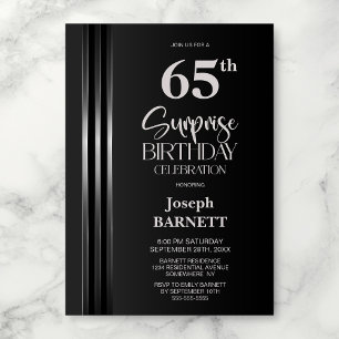 Silver Striped Black Grey 65th Surprise Birthday Invitation