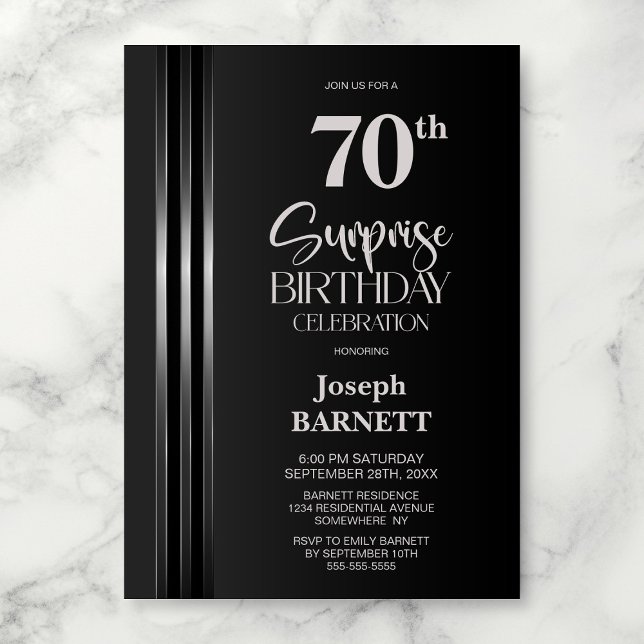 Silver Striped Black Grey 70th Surprise Birthday Invitation (Creator Uploaded)