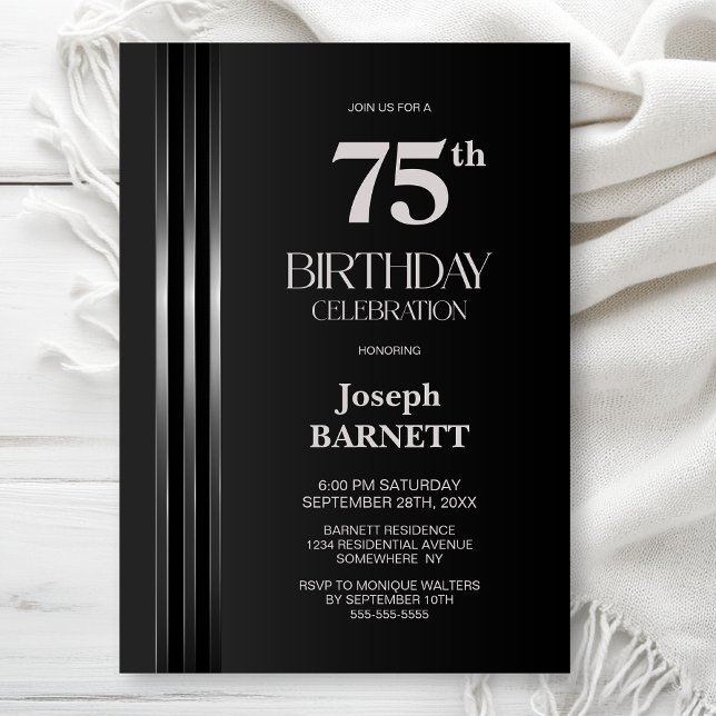 Silver Striped Black Grey 75th Birthday Party Invitation (Creator Uploaded)