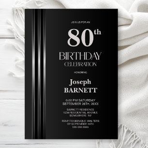 Silver Striped Black Grey 80th Birthday Party Invitation