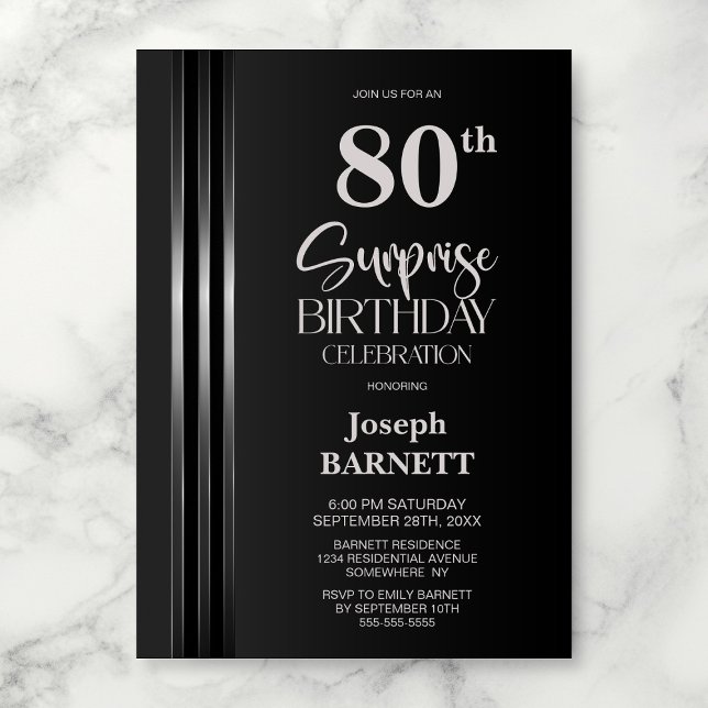 Silver Striped Black Grey 80th Surprise Birthday Invitation (Creator Uploaded)