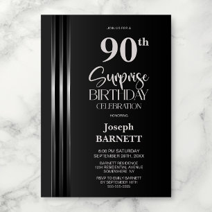 Silver Striped Black Grey 90th Surprise Birthday Invitation