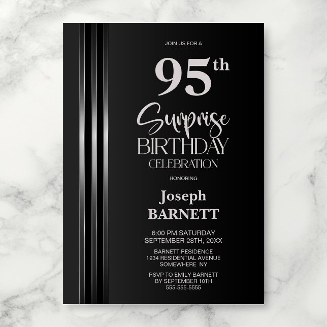 Silver Striped Black Grey 95th Surprise Birthday Invitation (Creator Uploaded)