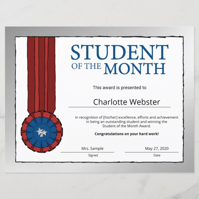 Silver Student of the Month Award HonorCertificate (Front)