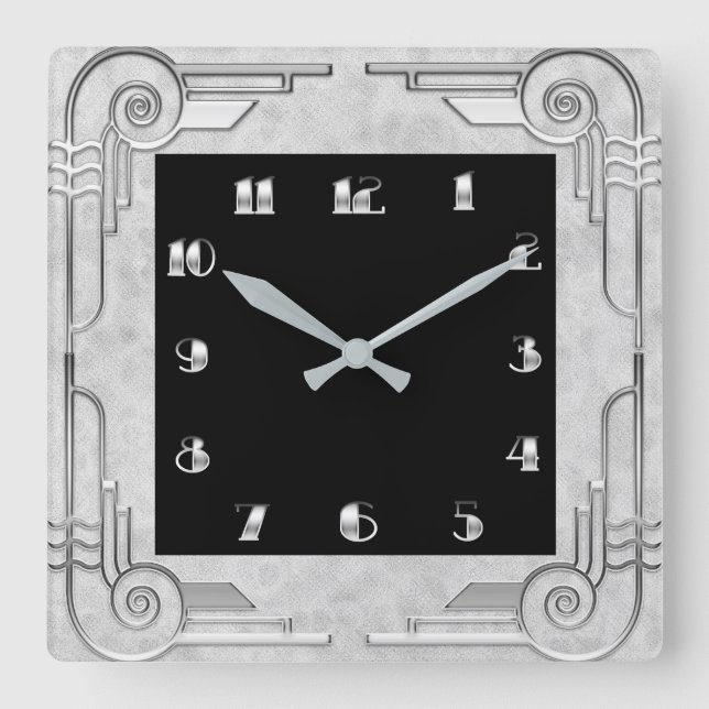 Silver Style Art Deco Square Wall Clock (Front)