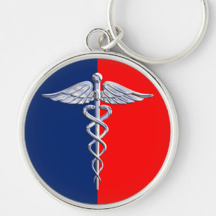 Silver Style Caduceus Medical Symbol League Key Ring