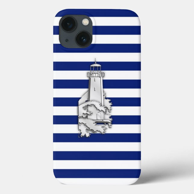 Silver Style Lighthouse on Blue Nautical Stripes Case-Mate iPhone Case (Back)