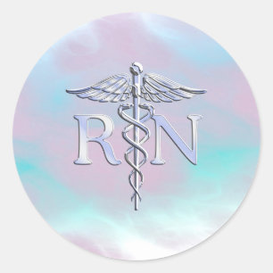 Silver Style RN Caduceus Medical Mother Pearl Classic Round Sticker