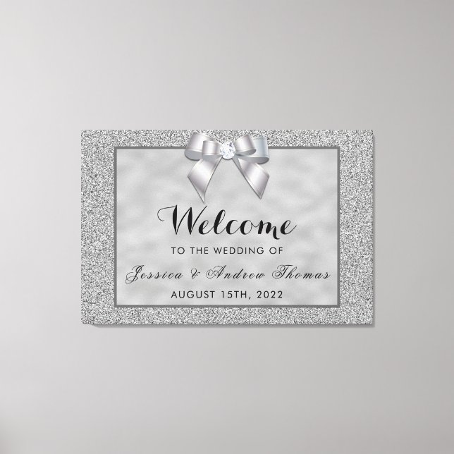 Silver & Stylish Glitter Wedding Welcome Canvas Print (Front)