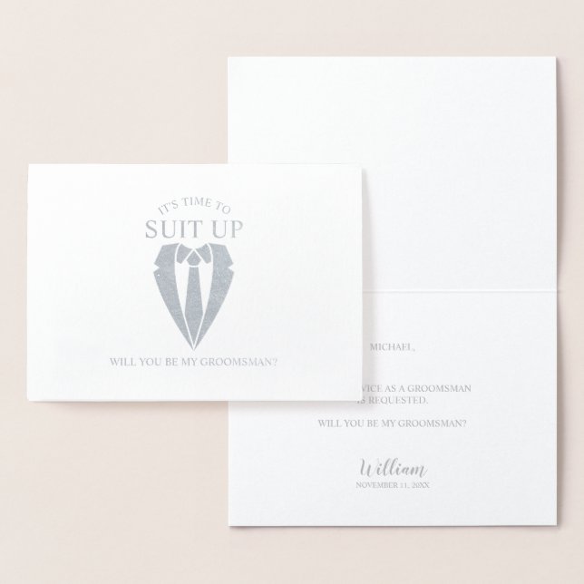 Silver Suit Personalised Groomsman Proposal Foil Card (Display)