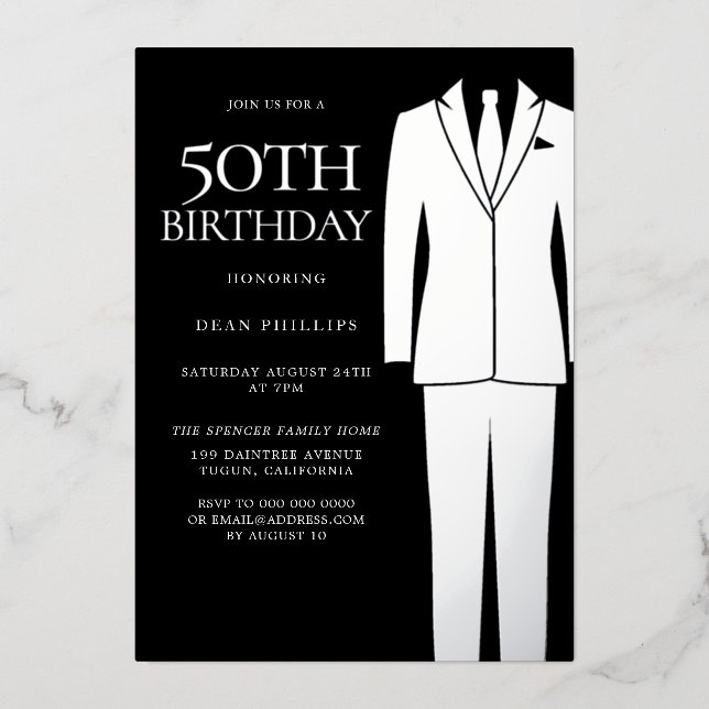 Silver Suit & Tie Black Mens 50th Birthday Party  (Front)