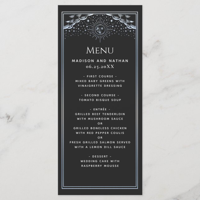 Silver Sun and Moon Tarot Wedding Flat Menu (Front)