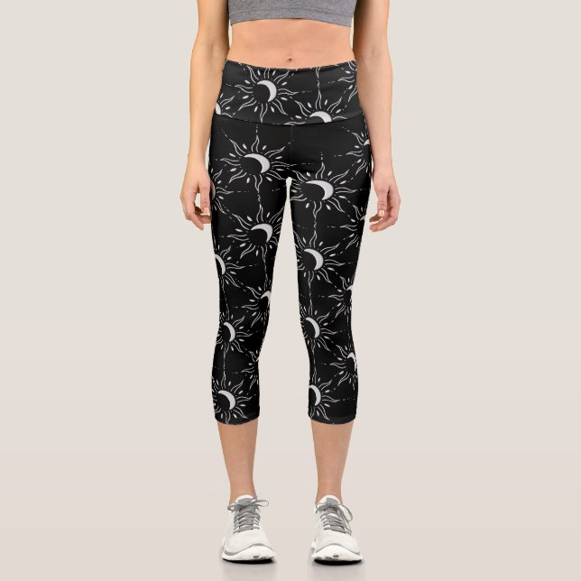 Silver Sun Scattered Black Background Capri Leggings (Front)