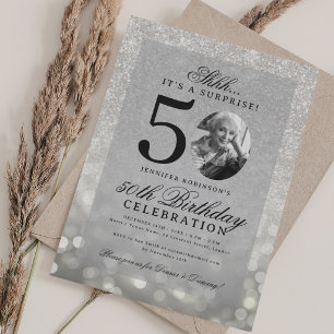 Silver SURPRISE Photo Glam 50th Birthday Party Invitation