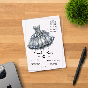 Silver Sweet15 QUINCEANERA Diamond Dress Butterfly Acrylic Invitations