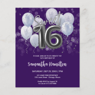 Silver Sweet 16 Balloons Purple Budge Invitation