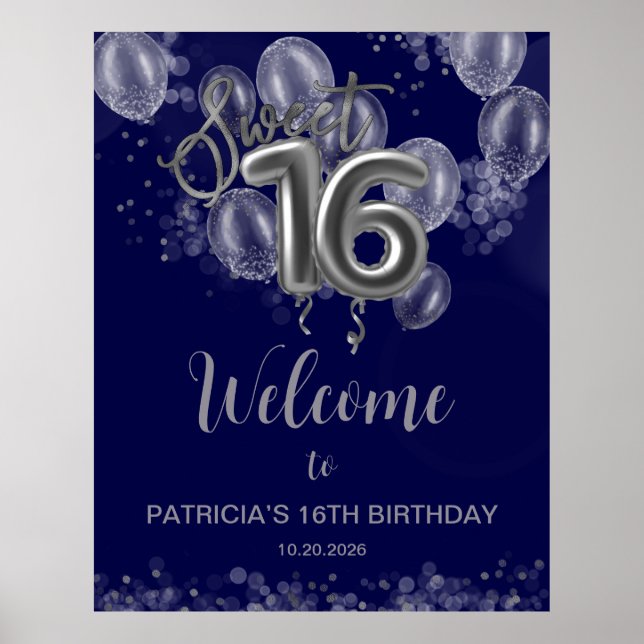 Silver Sweet 16 Balloons Royal Blue Welcome Sign (Front)