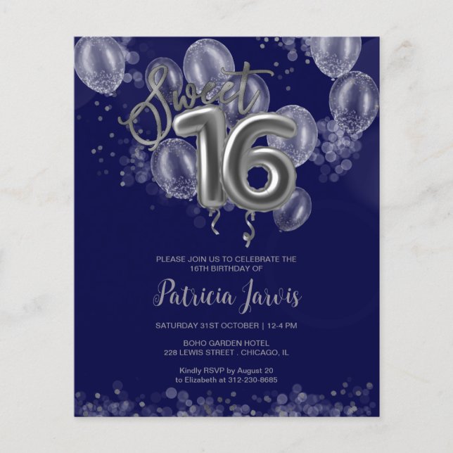 Silver Sweet 16 Bday Balloons Budget Invitations (Front)