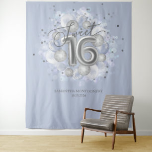 Silver Sweet 16 Bday Balloons Dusty Blue Backdrop Tapestry
