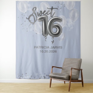 Silver Sweet 16 Bday Balloons Dusty Blue Backdrops Tapestry