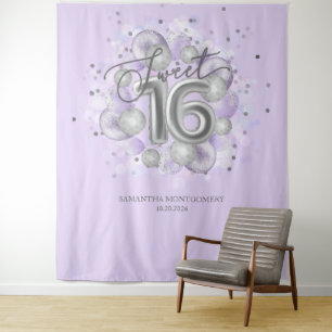 Silver Sweet 16 Bday Balloons Lavender Backdrop Tapestry