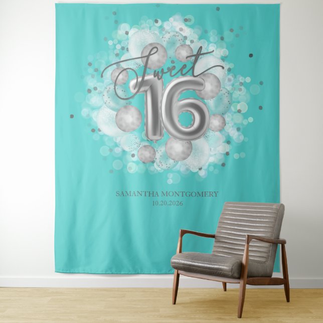 Silver Sweet 16 Bday Balloons Party Teal Backdrop Tapestry (In Situ)