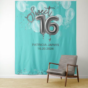 Silver Sweet 16 Bday Balloons Party Teal Backdrops Tapestry
