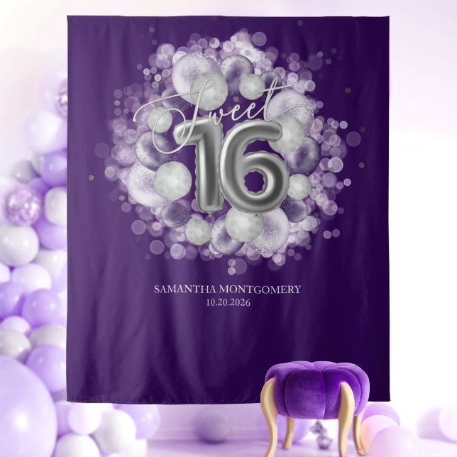 Silver Sweet 16 Bday Balloons Purple Backdrop Tapestry (Creator Uploaded)