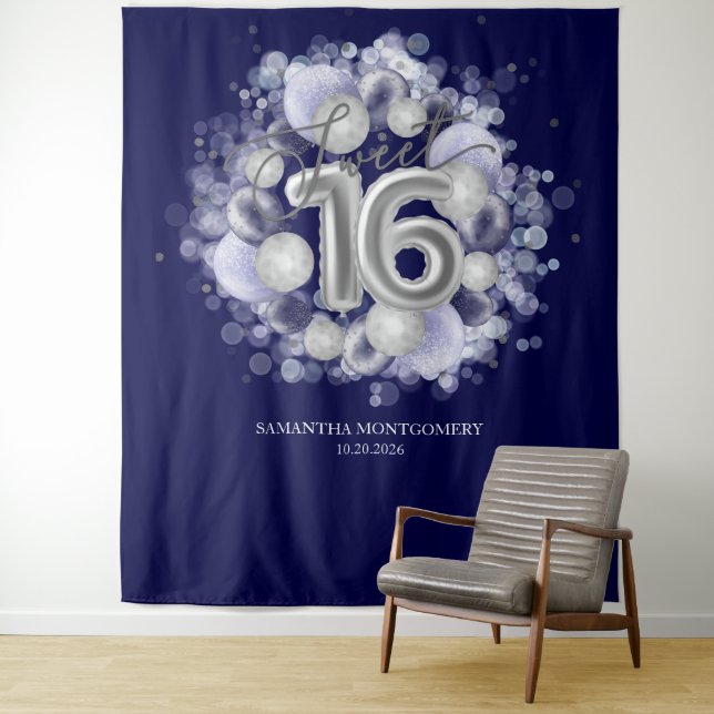 Silver Sweet 16 Bday Balloons Royal Blue Backdrop Tapestry (In Situ)