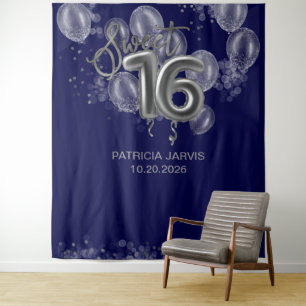 Silver Sweet 16 Bday Balloons Royal Blue Backdrops Tapestry