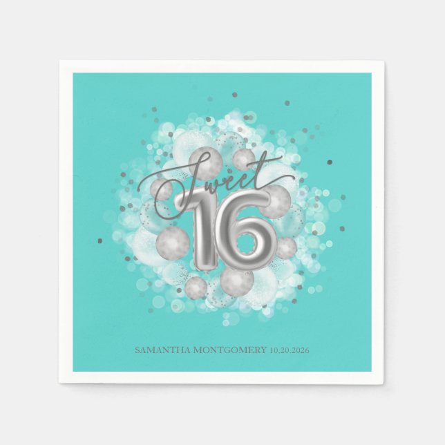 Silver Sweet 16 Birthday Balloons Party Teal Napkin (Front)