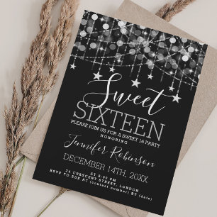 Silver Sweet 16 Birthday Sparkly String Lights Invitation