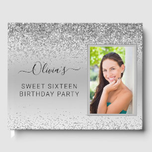 Silver Sweet 16th Birthday Sparkle Glitter Photo Guest Book