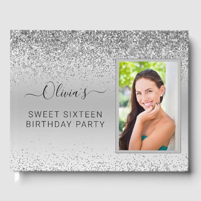 Silver Sweet 16th Birthday Sparkle Glitter Photo Guest Book (Front)
