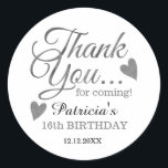 Silver Sweet Sixteen 16th Birthday Thank You   Classic Round Sticker<br><div class="desc">Sweet 16 birthday thank you stickers with classy gold typography.</div>