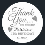 Silver Sweet Sixteen 16th Birthday Thank You   Classic Round Sticker<br><div class="desc">Sweet 16 birthday thank you stickers with classy gold typography.</div>