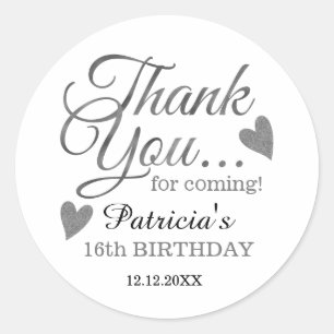 Silver Sweet Sixteen 16th Birthday Thank You   Classic Round Sticker