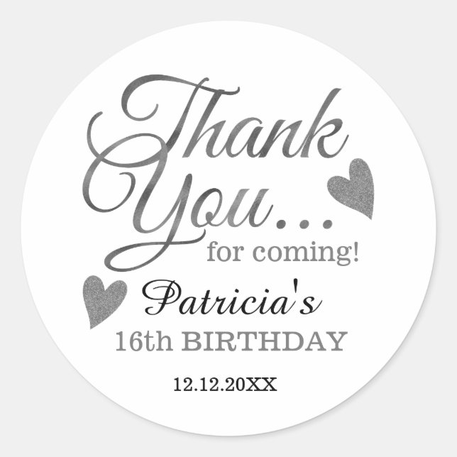 Silver Sweet Sixteen 16th Birthday Thank You   Classic Round Sticker (Front)