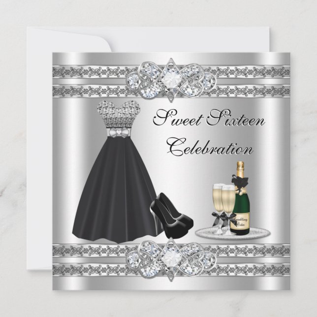 Silver Sweet Sixteen Gown Invite (Front)