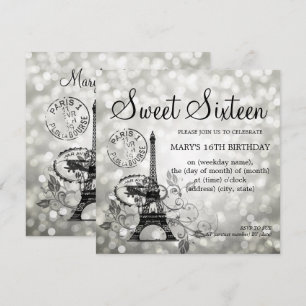 Silver Sweet Sixteen Romantic Paris Glam Invitation