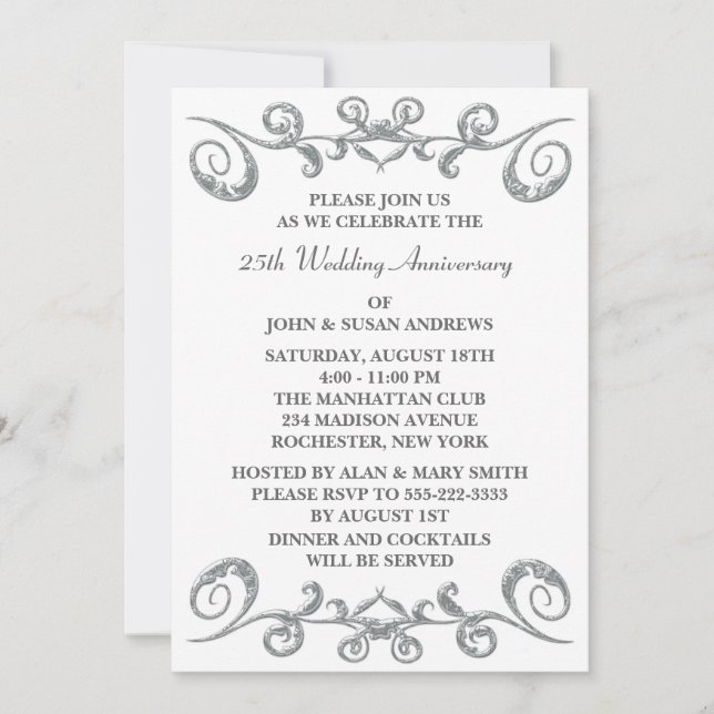 Silver Swirls 25th Wedding Anniversary Invitation (Front)